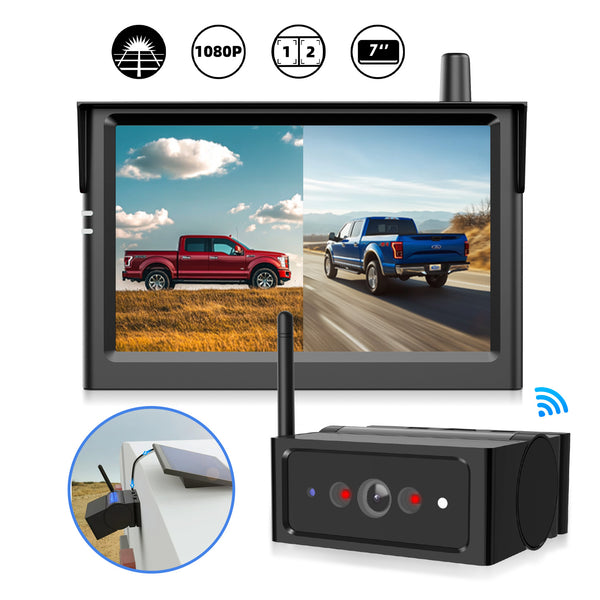 Solar4 A 1080P Wireless Backup Camera with 7" Split-Screen Monitor and Dual Camera Support for RV and Camper Trailer